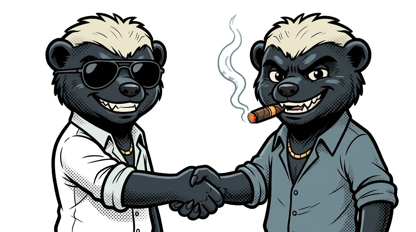 Two Lucky Coin mascots shaking hands — refer a friend, earn 10% lifetime commission